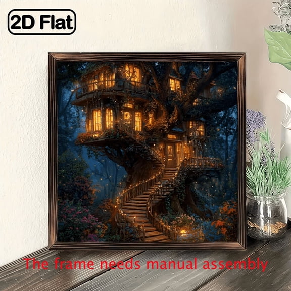 2D Flat, izable Treehouse on with Wooden Frame - Vintage Forest Decor, Sizes Available, Enchanted Woodland, Living Room, Bedroom.wooden board painting.