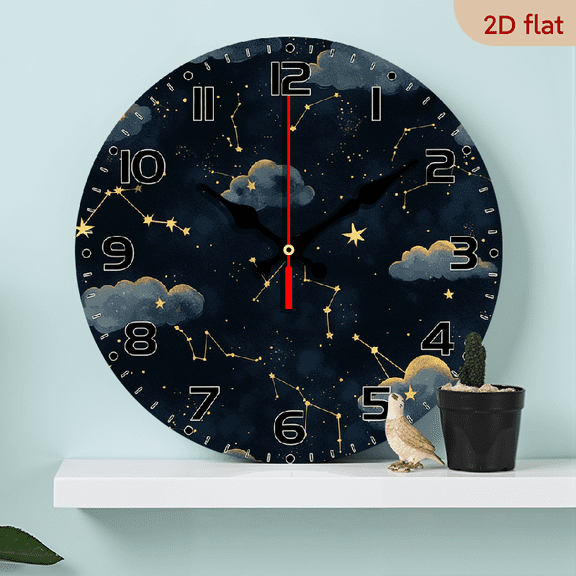2D Flat, night sky Backdrop Clock - 10inch Wood Veneer Europe and America Style Round Silent Flat Wall Clock - Batteries Not Included - Silent Wall Clock, Add Joyful Time to Your Study Or Living