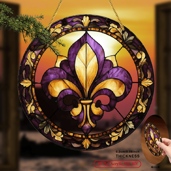 2D Flat purple gold fleur de lis leaf patterns Water ripple Acrylic suncatcher design, 8x8in IndoorOutdoor Decoration for St Paddy's Gift