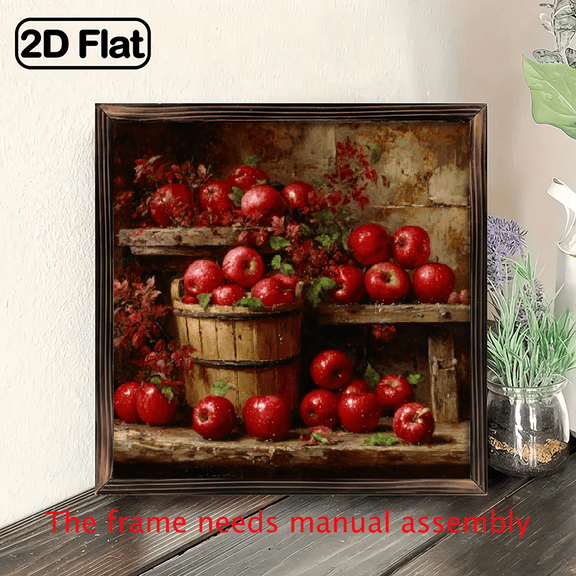 2D Flat, A wooden board painting. Featuring Red Apples on a Table, Perfect for Decorating Your Living Room, Bedroom, Office, Or Kitchen, And Can Also Serve.