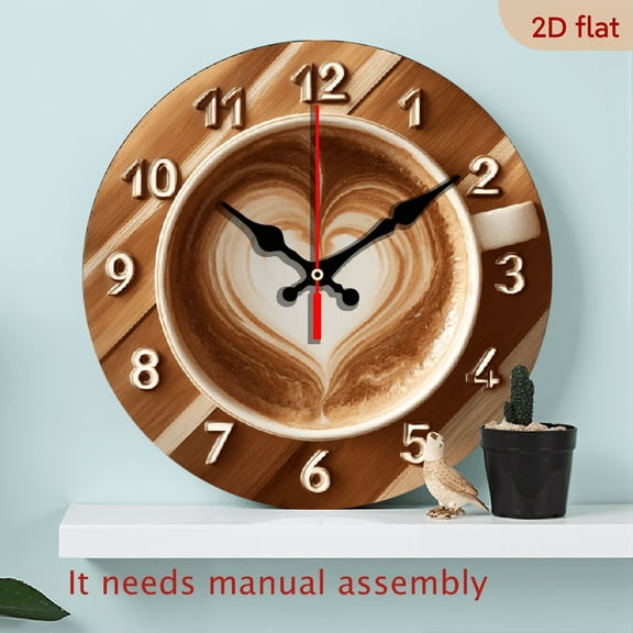 2D Flat10Inch Coffee Latte Art Heart-Shaped Wooden Wall Clock, Silent Swiss Quartz Round Clock, Suitable for Decoration in Bedrooms, Living Rooms, Offices, And Kitchens - (Excluding AA Batteries)