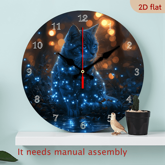 2D Flat10Inch Fantasy Wall Clock, Glowing Blue Cat Design Wooden Clock, Mechanical Wall Clock Suitable for Home, Bedroom, Living Room Wall Decoration, Ideal Birthday, Easter, New Year Gift, AA Ba