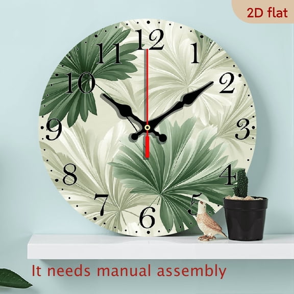 2D Flat10Inch Leaf Round Wooden Wall Clock Green Leaves Analog Wall Clock Non Ticking Wall Clock for Living Room Bedroom Dining Room Wall Decor Ideal for Birthdays Easter New Year Gift AA Battery