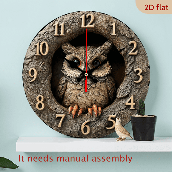 2D Flat10Inch Owl in Tree Trunk Design Silent Wooden Wall Clock - 2D Flat, Rustic Nature-Inspired Decor for Living Room Study, Battery Operated (AA Not Included), Study Room Accessory Owl Design