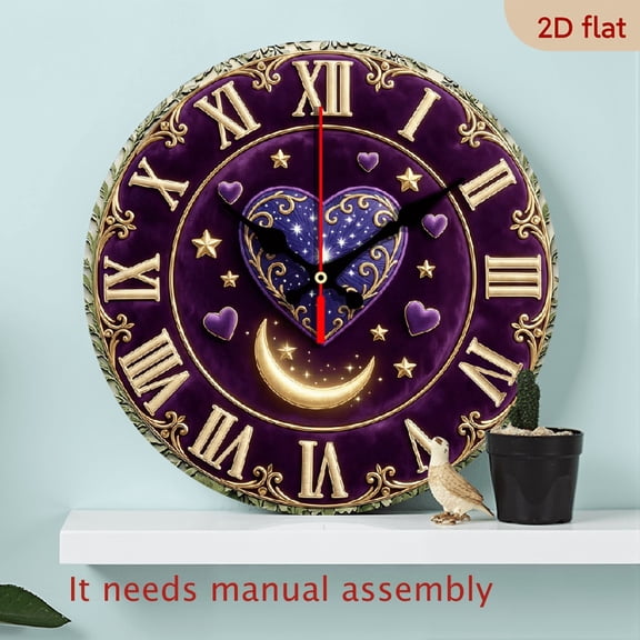 2D Flat10Inch Wooden Romantic Purple Wall Clock With Heart Moon And Stars Pattern Roman Numerals Decorative Clock For Living Room Bedroom Home Decor Valentine's Day Gift