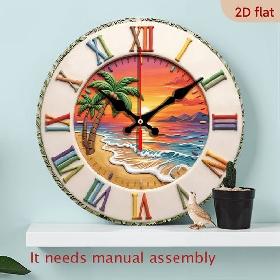 2D Flat10Inch Wooden Round Wall Clock Cream Color Tropical Beach Sunset Palm Tree Pattern Roman Numerals Home Decor For Living Room Bedroom Kitchen Holiday Gift
