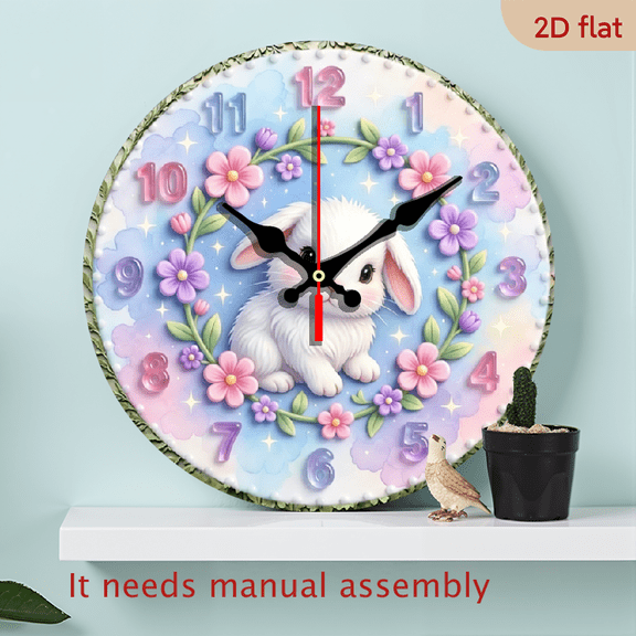 2D Flat10Inch Wooden Round Wall Clock Pastel Color Floral Bunny Pattern And Numbers Living Room Bedroom Decor Easter Spring Festival Gift