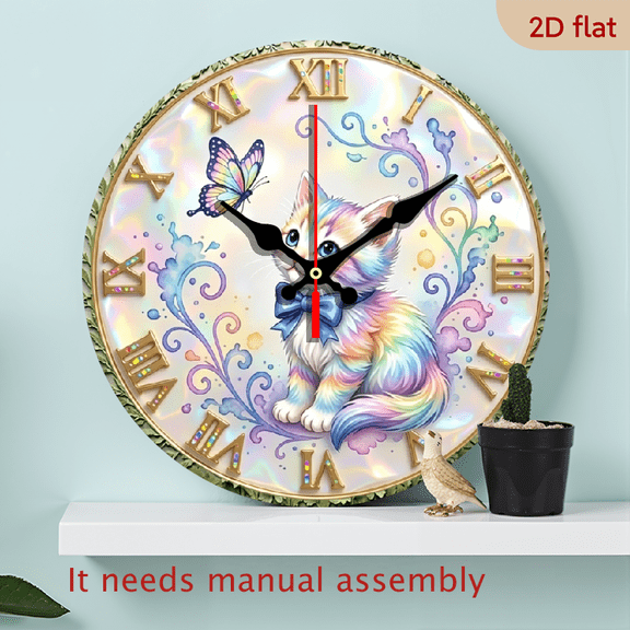2D Flat10Inch Wooden Round Wall Clock With Rainbow Kitten And Butterfly Design Iridescent Background Roman Numerals Decorative Home Office Bedroom Living Room Clock For Holiday Gift