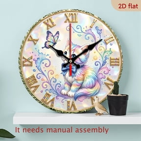 2D Flat10Inch Wooden Round Wall Clock With Rainbow Kitten And Butterfly Design Iridescent Background Roman Numerals Decorative Home Office Bedroom Living Room Clock For Holiday Gift