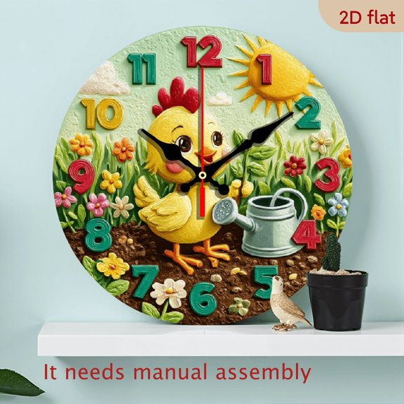 2D Flat10Inch WoodenChick Wall Clock Green Color Cute Chicken And Flowers Design For Kitchen Living Room Decor Easter Spring Home Decoration