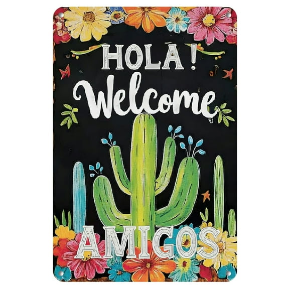 [2D Flat1pc, Room Decor "Hola Amigos" Iron Metal Wall Art, Colorful Mexican Fiesta Welcome Sign, Vibrant Cactus Sombrero Design, Easy Hang Retro Home, Cafe Decor, Multi-Functional Party Decoration