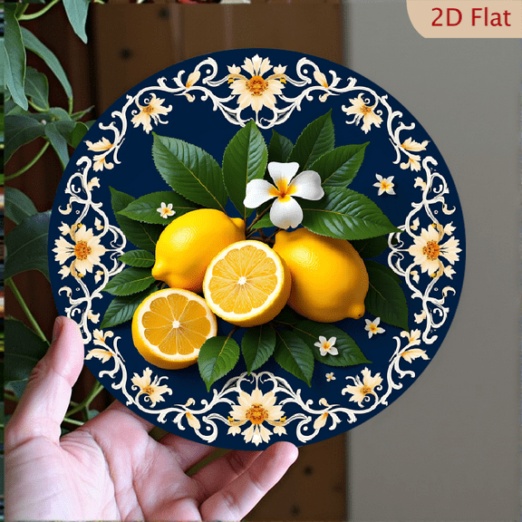 2D Flat1pc Vintage Lemon Floral Foil Embossed Aluminum Wall Art,  Round Decorative Plaque with and Berry Accents - Perfect for Home, Bar, Cafe, Wedding, Birthday, Holiday Decor, Lemon Kitc 8*8in