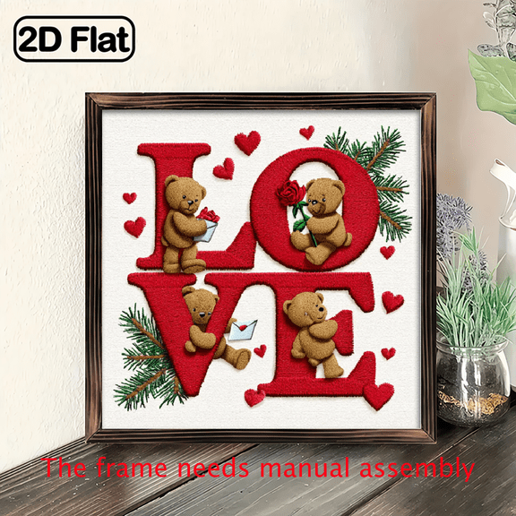 2D Flat1pc Wood Frame Wooden Wall Sign valentine's day Love theme, teddy bear with letters LOVE, embroidery style Wall Art 8x8in Prints Print Painting For Living Room Bedroom Office Bathroom Decor.