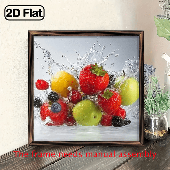 2D Flat1pcs Fruit Splash Wall Art Vibrant Fresh Fruit Splash Painting- 1pc Solid wooden board painting Wall Art Easter Mother's Day Graduation Gift, Spring Summer Home Decor.