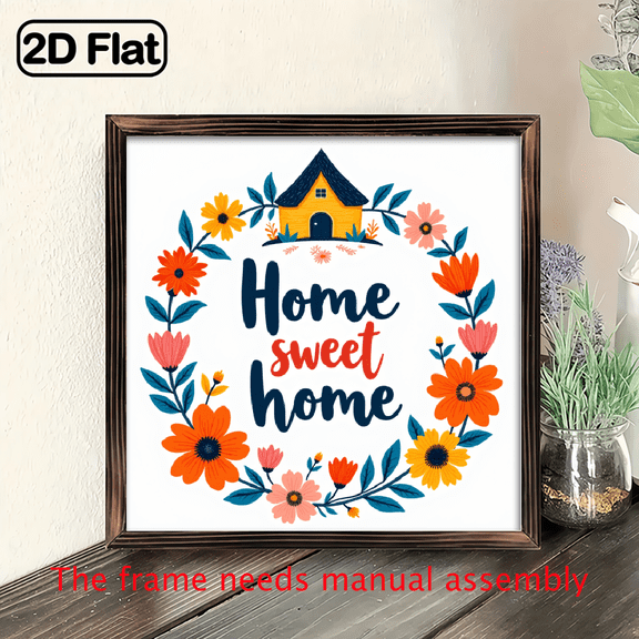 2D FlatHome Sweet Home_ Wooden Wall Art Sign - 8x8 Inch Recycled Wood Frame with Vibrant Floral House Design, Horizontal Bathroom Decor, Perfect Housewarming Gift, Wooden Decor, Home Decoration, C