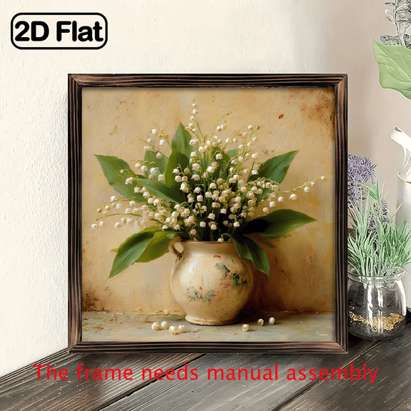 2D Fold 1 Piece, Rustic Wooden Lily Flower Art Sign, 8x8 Inches Landscape Themed Wall Hanging Decor with Frame, Charming Spring Floral Tabletop Ornament Perfect for Living Room and Desk