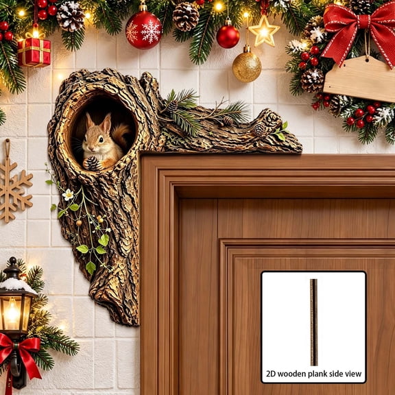 2D Forest Tree Hole Corner Wall Decor L Shape Woodland Door Frame Decoration With Squirrel Design For Wall Shelf Mantel Indoor Decor E