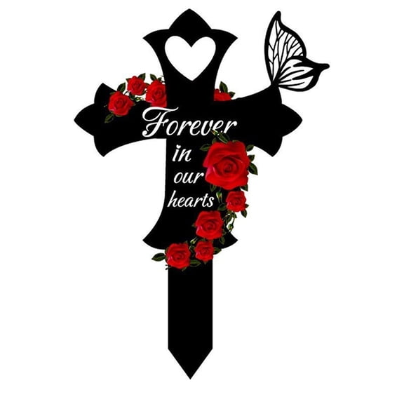 2D Forever in Our Hearts Cross Memorial Garden Stake Decorative Sympathy Remembrance Plaque for Outdoor Yard Cemetery and Garden Tribute Decoration
