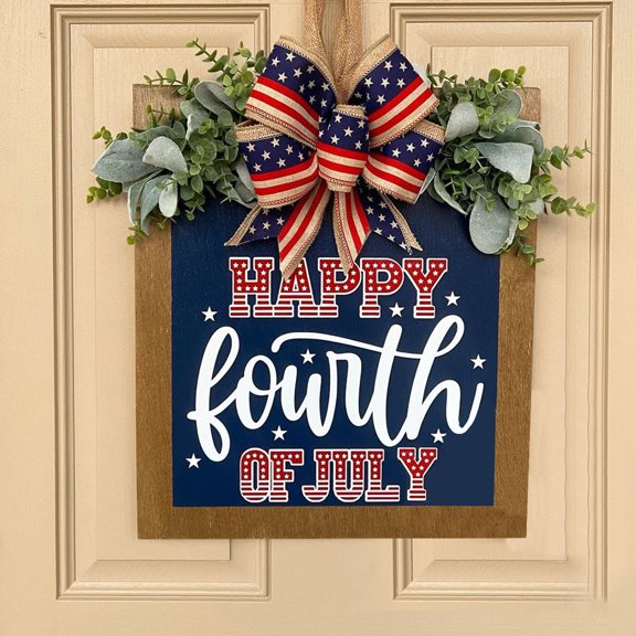 2D Fourth Of July Wooden Decorative Square Panel Door Hanging Sign Model B - With Square Board Shape, 2D Flat Art, Handcrafted Wood Construction, Red White Blue Patriotic Design -