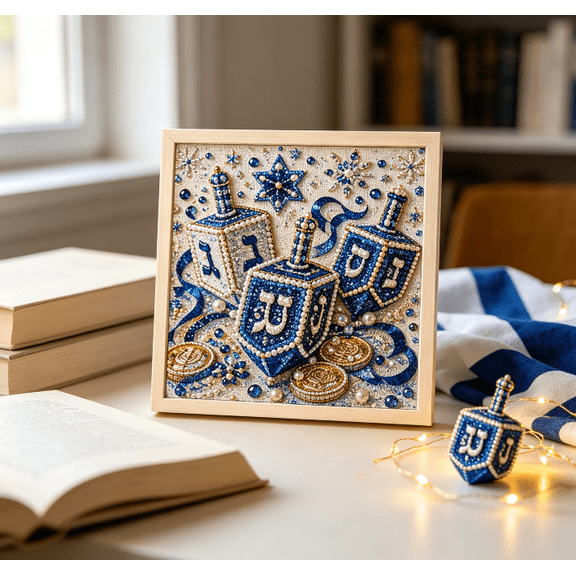 2D Full Drill Diamond Painting Kit Hanukkah Dreidel Festival Scene DIY Rhinestone Art Set for Home Table Wall Hanging Decoration Festival Craft Supply (D)