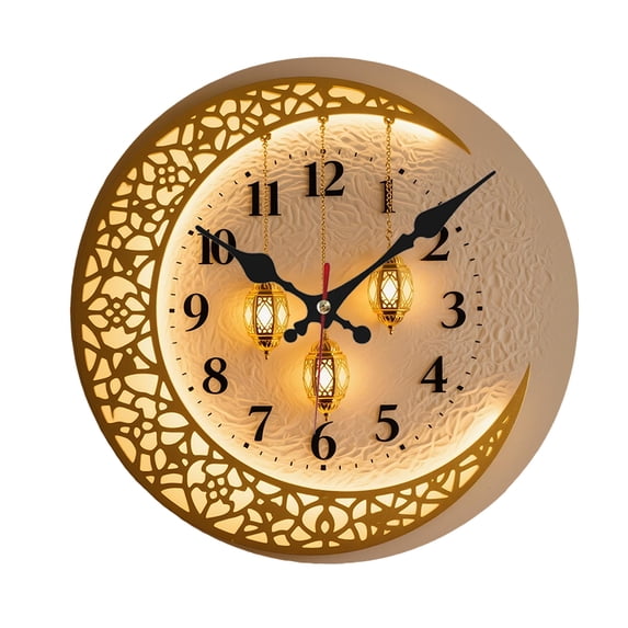 2D Golden Moon Lantern Clock European Style 10 Inch Golden Moon Lantern Eid Backdrop Clock | Silent Wall Clock with Wood Veneer, Ornate Floral Patterns & Golden Lanterns - Quartz Movement, Battery Ope