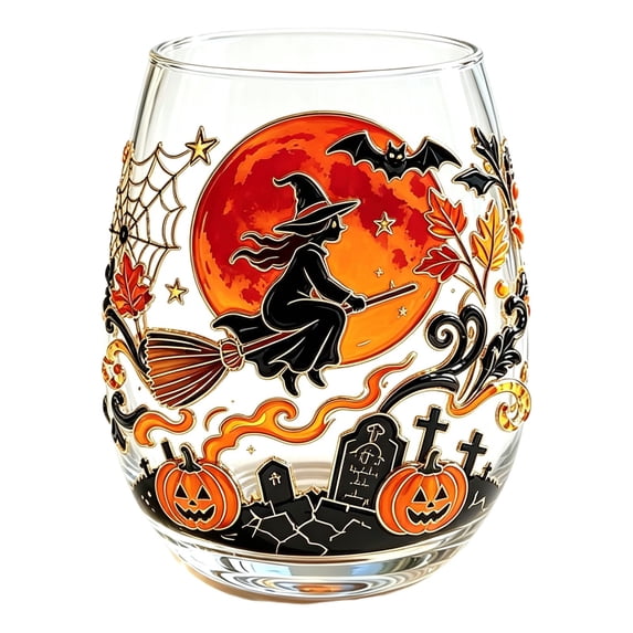 2D Halloween Artisan Glassware Collection,Handmade Stemless Wine Glass | Gothic Style Artistic Glass Wine Goblet Home Decor Piece Featuring