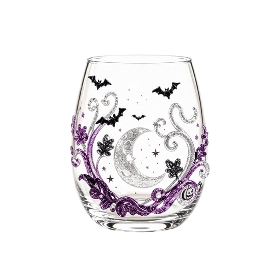 2D Halloween Artisan Glassware Collection, Stemless Clear Embossed Themed Glass Cup, Pumpkin Ghost Black Cat Web Beverage Tumbler for Daily Use & Holiday Decor Gifting