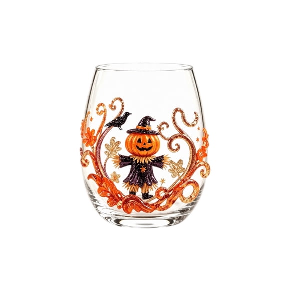 2D Halloween Artisan Glassware Collection, Stemless Drinking Glasses with Raised Pumpkin Ghost Black Cat Web Design, Spooky Clear Cups for Cocktails Juice Iced Coffee Decor (Pumpkin Scarecrow)