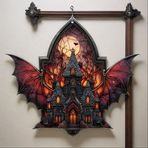 2D Halloween Bat Acrylic Hanging Decor - Gothic Suncatcher Window Ornaments, Spooky Bat & Haunted House Wall Art for Home, Office, Indoor/Outdoor Party Decorations