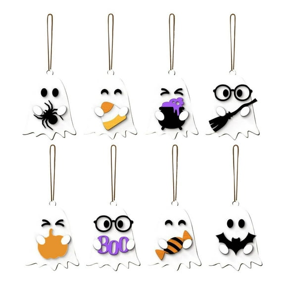 2D Halloween Ghost & Pumpkin Party Hanging Decorations – Wooden Flat Cutout Ornaments for Walls, Doors, and Windows