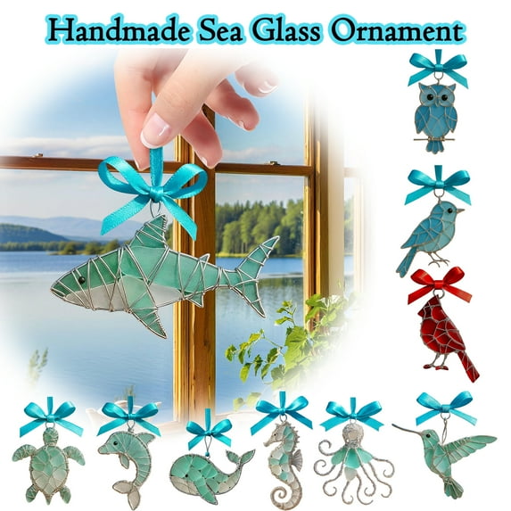2D Handmade Sea Glass Ocean Ornament, Natural Tumbled Sea Glass Coastal Decoration, Nautical Beach Style Wall Hanging Accent, Unique Handmade Art Gift for Ocean Lovers and Seaside Home Decor, HAODEJW