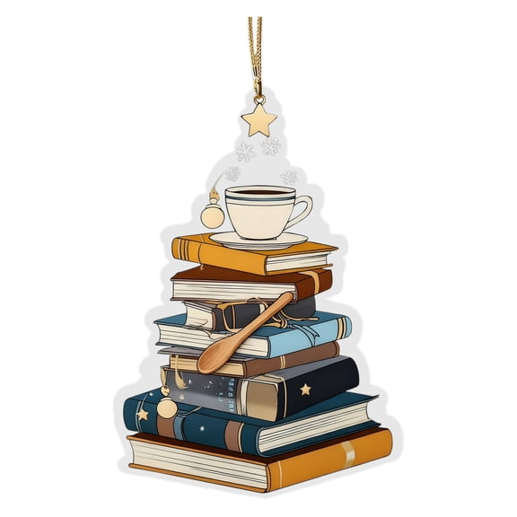2D Hanging Ornament, Multi Purpose Decorative Piece With Stacked Books And Coffee Cup Design, Suitable For Holiday Decor At Home Office Or Party Settings