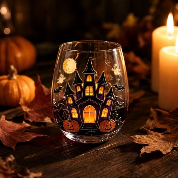 2D Haunted Castle less Wine Glass, Halloween Artisan Glassware Collection Handle Free Clear Tumbler, Ghost Bat Pumpkin Print Decorative Drinking Glass Gift