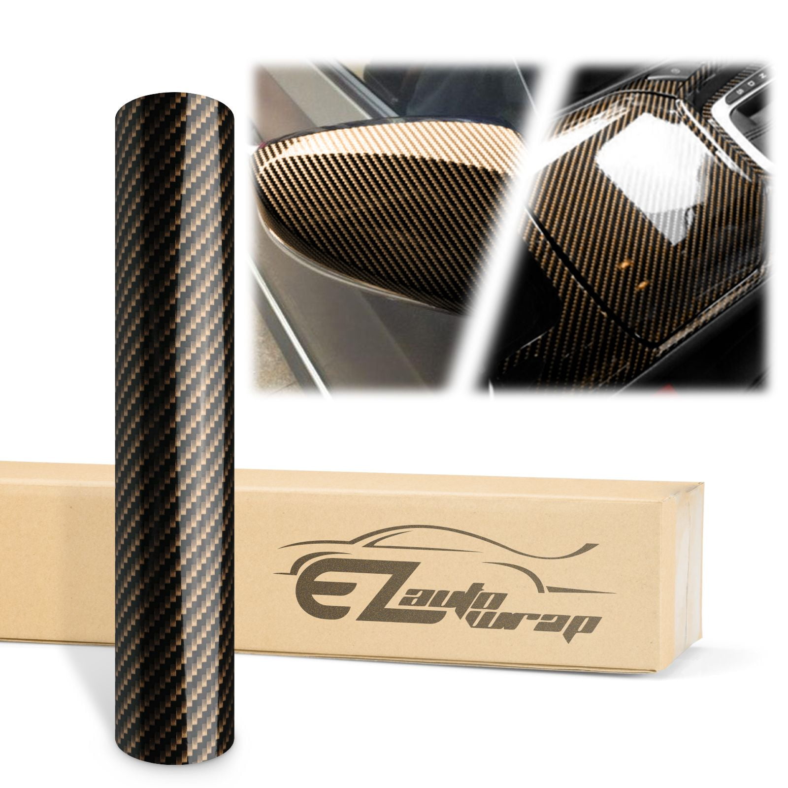 2D High Gloss Carbon Fiber Black Gold Car Vinyl Wrap Sticker Decal Film ...