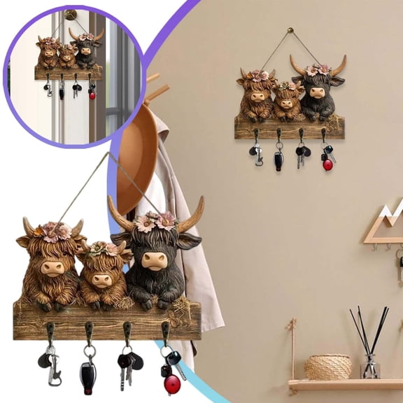 2D! Highland Cow Key Holder Wall Mount, Personalized Bullhead Animal Wooden Towel Key Hooks, Wall Coat Hanger Hooks with 4 Hooks, Decorative Coat Rack for Entryway Hallway Bathroom