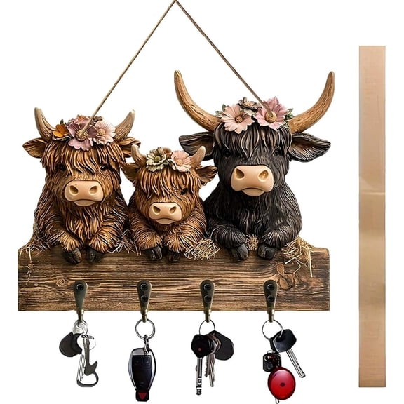 2D Highland Cow Key Hooks for Wall - Wooden Key Holder and Organizer with Flat Design for Home, Office, or Garage Decor(1PC)