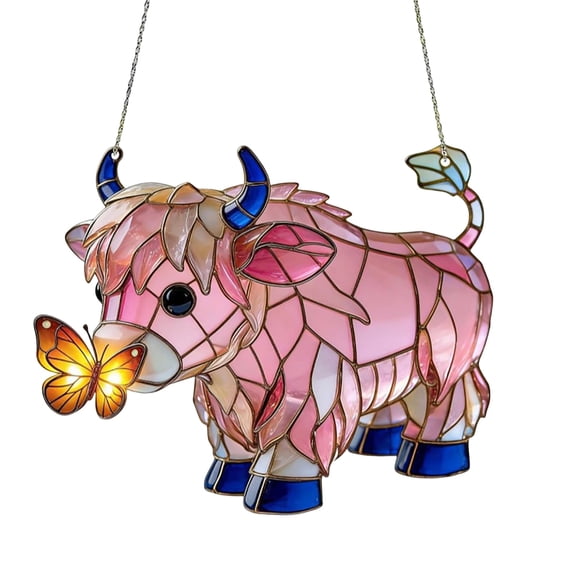 2D Highland Cow Suncatcher Butterfly Window Hanging | Stained Glass Style Farm Animal Decor | Light Catching Window Ornament for Home, Sunroom & Gift Giving