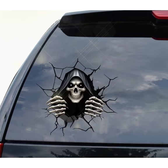 2D Horror Skull Car Sticker - Double-Sided Peep Crack Wall Sticker for Vehicles, Laptops, and Walls - High-Quality PVC Self-Adhesive Design