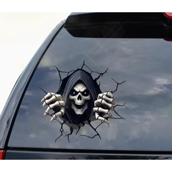 2D Horror Skull Car Sticker - Double-Sided Peep Crack Wall Sticker for Vehicles, Laptops, and Walls