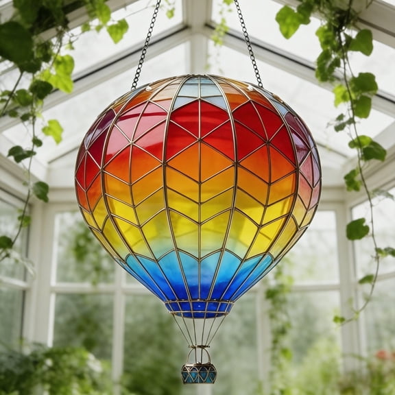 2D Hot Air Balloon Solar Hanging Light Stained Glass Style Outdoor Lantern for Garden Yard Patio Farmhouse Decor 7.9 inches