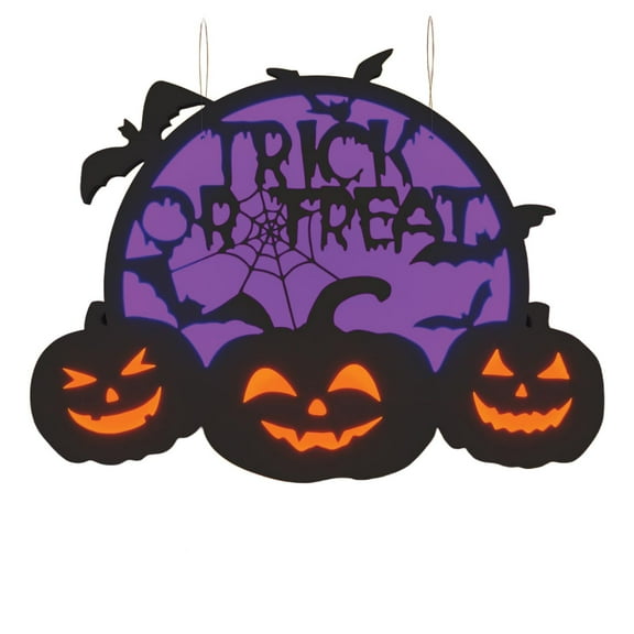 2D LED Trick or Treat Pumpkin & Bat Motif Light, 12.5" x 14" Purple and Orange, Battery or USB Halloween Silhouette Décor, Durable and Lightweight