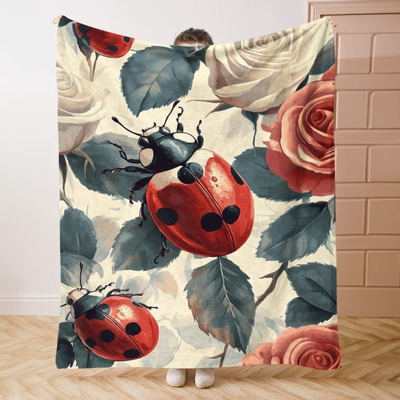 2D Ladybug & Rose Print Flannel Throw Blanket - Soft Pink & Black Bedspread with Red Ladybugs, Lightweight All-Season for Bed, Sofa, Travel - Machine Washable Cozy Gift