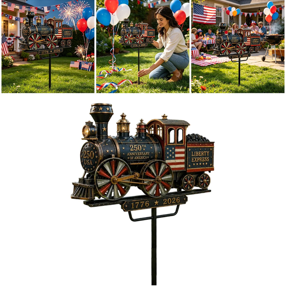 2D Liberty Express 250th Anniversary Train Yard Stake, 2026 Red & Navy American Themed Wind Spinner, Durable Outdoor Metal Yard Ornament, Ideal Patriotic Festival Home Lawn Gift