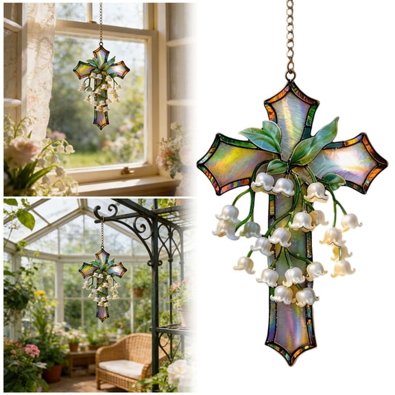 2D Lily Of The Valley Cross Suncatcher Acrylic Stained Glass Style Hanging Ornament Floral Window Decor For Home, Easter & Baptism(White-15Cm)