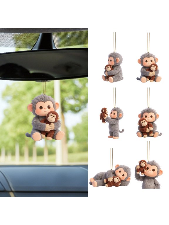 2D Monkey Car Hanging Ornament Acrylic Car Rearview Mirror Accessories Cute Monkey Holding Plush Toy Bag Charm for Backpack