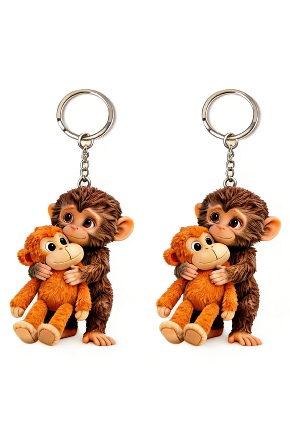 2D Monkey Hugging Monkey Keychain Funny Hugging for Backpack Purse Car Keys Gift Family, Friends