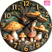2D Mushroom Print Round Wall Clock, Silent Non-Ticking Battery Operated Clock 10 Inch, Decor for Bathroom, Bedroom, Kitchen, Office or School