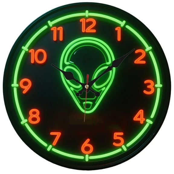 2D Neon Alien Clock Neon Alien Face Silent Wall Clock, 1pc 10x10 Inch Wooden Round Clock with Green Neon Accents, Battery-Powered (AA Not Included) | Unique Gift for Halloween, Graduation, Teacher's D
