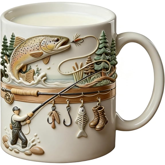 2D New Fishing Coffee Mug, 11oz Novelty Funny Ceramic Cup, Fish Coffee Mug, for Cold Weather Outdoor Fishing Camping Hiking Picnic Campfire Home Party Game Water Tea Whiskey