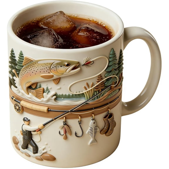 2D New Fishing Mug - 15oz Ceramic Funny Novelty Drinkware, Fisherman Coffee Cup with Design, Outdoor Accessory for Cold Weather Fishing Camping Hiking Picnic Campfire Home Party Game Water Tea Whiske